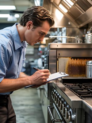 Restaurant Inspection: A focused inspector in a chef's coat meticulously examines a commercial kitchen checklist, ensuring hygiene and safety standards are met in a busy culinary environment.